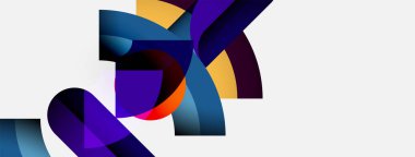 Soyut şekiller örtüşür, dinamik bileşim yaratır. Renkler arasında maviler, morlar, sarılar, portakallar var. Beyaz boşluklu minimalist tasarım.