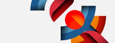 Soyut tasarım renkli kurdeleler, kıvrımlar, küre içerir. Modern kompozisyon kırmızı, mavi ve turuncu renkleri kullanır. Minimalist estetik.