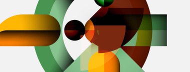 Soyut kompozisyon. Geometrik şekiller örtüşür, dinamik görsel ilgi yaratır. Renkler arasında turuncu, yeşil, kahverengi, beyaz sayılabilir. Modern tasarım.