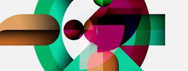 Soyut kompozisyon. Üst üste binen şekiller, canlı renkler, modern tasarım. Geometrik formlar dinamik görsel deneyim yaratır.