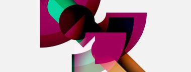 Soyut şekiller örtüşür, canlı renk karışımları yaratır. Kompozisyonda beyaz arkaplanda morumsu, turuncu renkler bulunur. Modern tasarım.