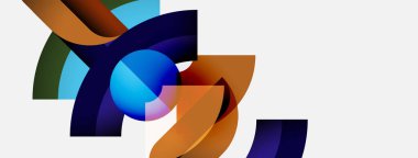 Soyut şekiller örtüşür, canlı renk karışımları yaratır. Mavi küre kompozisyonu merkezler, turuncu, mor renkler tasarımda baskın. Modern, dinamik görsel.