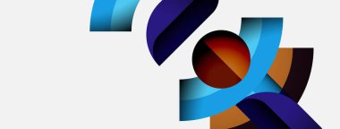 Soyut şekiller örtüşür, dinamik bileşim yaratır. Maviler, kahverengiler beyaz arka plana hakim. Modern tasarım elemanları.