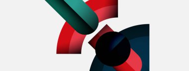 Soyut şekiller örtüşür, dinamik bileşim yaratır. Kırmızı, deniz mavisi, siyah renkler beyaz arkaplana hakim. Modern tasarım elemanları.