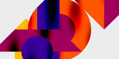 Soyut geometrik bileşim. Canlı gradyanlar, üst üste binen şekiller dinamik görsel etki yaratır. Modern tasarım, koyu renkler siyah arkaplana hakim.