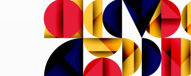 Üst üste binen renkli yarı daireler içeren soyut kompozisyon dinamik görsel ritim yaratıyor. Kalın şekiller, kırmızı, sarı, mavi renkler dizaynın hakimi..