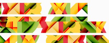 Soyut geometrik şekiller, canlı renkler, tekrarlayan desenler. Sarı, kırmızı, yeşil baskın kompozisyon. Modern tasarım elemanları.