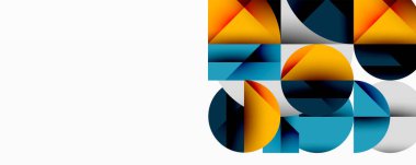 Soyut geometrik bileşim. Şekiller örtüşüyor, dinamik görsel ilgi yaratıyor. Renkler turuncu, mavi, sarı, gri. Minimalist tasarım.