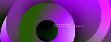 Üst üste binen daireler içeren soyut kompozisyon. Mor, yeşil renkler tasarımda baskın. Modern estetik, dinamik görsel etki.