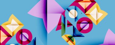 Soyut geometrik bileşim. Parlak şekiller örtüşür, dinamik görsel ilgi yaratır. Renkler arasında mor, sarı, pembe, mavi, beyaz var. Modern tasarım, temiz çizgiler, canlı estetik..