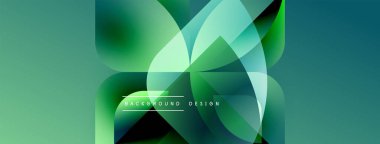 Soyut yeşil arkaplan. Üst üste binen şekiller dinamik görsel efekt yaratır. Sancaklar ve sunumlar için modern tasarım uygun.