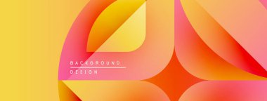 Soyut arka planda canlı turuncu, sarı gradyanlar var. Üst üste binen şekiller dinamik görsel doku yaratır. Modern tasarım ögesi.