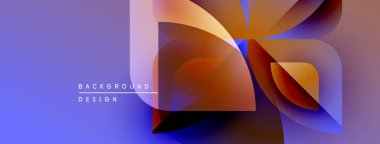Soyut şekiller örtüşüyor, canlı renk değişimleri yaratıyor. Mor arka plan turuncu ve sarı renkleri tamamlıyor. Modern tasarım ögesi.