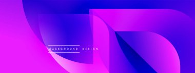 Soyut eğimler akışkan şekiller yaratır. Canlı mor, mavi renkler dizaynda baskın. Minimum metin arka plan tasarımı okur. Modern estetik.