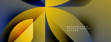 Soyut tasarım özellikleri üst üste binen eğri şekiller. Sarı, mavi, gri gradyanlar dinamik görsel efekt yaratır. Minimalist metin mevcut.