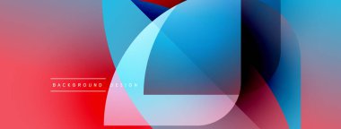 Soyut geometrik şekiller örtüşüyor, canlı renk eğimleri yaratıyor. Kırmızı, mavi, cyan renkleri tasarımda baskın. Modern, dinamik kompozisyon.