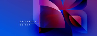 Soyut mavi arkaplan özellikleri üst üste binen şekiller, canlı renkler. Modern tasarım elementleri dinamik görsel etki yaratır. Metin arkaplan tasarımı okur.