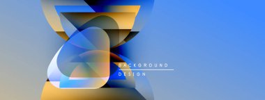 Soyut geometrik şekiller örtüşüyor, dinamik mavi, turuncu gradyan oluşturuyor. Modern tasarım teknoloji, yenilik, görsel cazibe öneriyor.