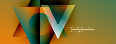 Soyut geometrik tasarım. Üst üste binen üçgenler parlak renk eğimleri yaratarak V harfini oluşturur. Metin elementleri ile modern arkaplan oluşturulur..