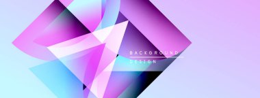 Soyut geometrik şekiller örtüşüyor, canlı mor ve mavi renkler yaratıyor. Arkaplanda metin arkaplan tasarımı var. Modern, dinamik görsel kompozisyon.