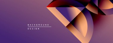 Soyut geometrik şekiller örtüşür, canlı mor gradyan arkaplan oluşturur. Modern tasarım elementleri teknoloji ve yenilik öneriyor.