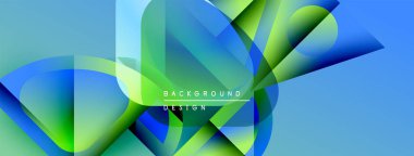 Soyut geometrik şekiller örtüşür, parlak mavi, yeşil eğimler yaratır. Modern tasarım hareket, enerji ve görsel cazibe öneriyor.