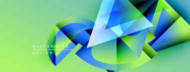 Soyut geometrik şekiller örtüşür, canlı gradyanlar yaratır. Yeşil arkaplan mavi ve mor renkleri tamamlar. Modern tasarım ögesi.