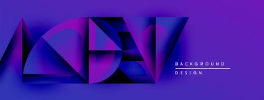 Soyut geometrik şekiller canlı mor, mavi gradyan oluşturur. Modern tasarım elementleri derinlik, doku ve yenilik öneriyor. Arkaplan metin etiketlerini içerir.