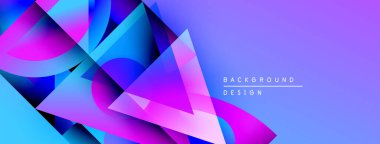 Soyut geometrik şekiller, canlı maviler, pembeler, morlar dinamik bir zemin oluşturur. Modern tasarım, gradyan etkisi, stil sunumu.