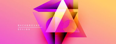 Soyut geometrik bileşim. Pembe, mor, sarı renkler katmanlı üçgen şekiller oluşturur. Arka planlar için modern tasarım ögesi.