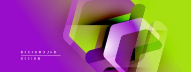 Soyut geometrik şekiller üst üste binerek canlı mor yeşil gradyan oluşturur. Modern tasarım elementleri dinamik bileşimi önerir.