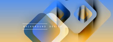 Soyut geometrik şekiller örtüşüyor, renk değişimleri yaratıyor. Mavi, sarı renkler tasarıma egemen, modern estetik.