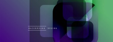 Soyut geometrik şekiller örtüşür ve dinamik bir değişim etkisi yaratır. Mor, yeşil renkler tasarımda baskın. Minimalist stil.