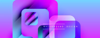 Soyut geometrik şekiller örtüşür, canlı gradyanlar yaratır. Mor, mavi renkler tasarıma hakim, modern estetiğe işaret ediyor. Metin arkaplan tasarımı okur.