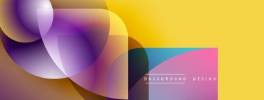 Soyut renkli şekiller örtüşüyor, canlı gradyanlar yaratıyor. Sarı sağ tarafı, mor solu domine eder. Modern tasarım ögesi.
