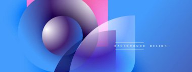 Soyut geometrik şekiller örtüşür, parlak mavi, mor ve pembe renkler yaratır. Modern tasarım elementleri dinamik görsel deneyim önerir.