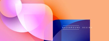 Soyut tasarım özellikleri üst üste binen renkli şekiller. Renkler pembelerden, portakallardan ve mavilerden harmanlanır ve dinamik görsel efekt yaratır. Metin arkaplan tasarımı okur.