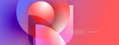 Soyut canlı tasarım, üst üste binen daireler, değişken renkler. Kırmızı, mor renkler modern görsel efekt yaratır. Arkaplan metni mevcut.