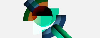 Üst üste binen renkli daireler, kıvrımlar ve eğriler içeren soyut bir kompozisyon. Modern tasarım, minimalist estetik, temiz arkaplan.