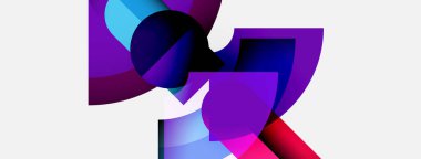 Soyut şekiller örtüşüyor, canlı renk değişimleri yaratıyor. Mor, mavi, pembe renkler beyaz arkaplana hakim. Modern tasarım.