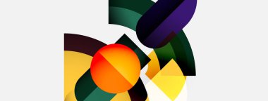 Soyut bileşim, üst üste binen geometrik şekiller içerir. Renkler arasında turuncu, sarı, yeşil, mor, koyu tonlar hakim. Minimalist stil.