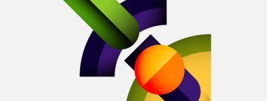 Soyut renkli şekiller örtüşür, dinamik bileşim yaratır. Eğriler, çizgiler, küre modern tasarım estetiğini sunar. Parlak renkler görsel alana hakim.