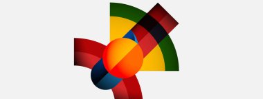 Soyut tasarım, merkezi küre ile örtüşen parlak kavisler içerir. Renkler kırmızı, yeşil, sarı, turuncu, mavi. Modern, geometrik bileşim.