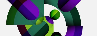 Üst üste binen şekiller içeren soyut kompozisyon. Yeşil, mor renkler tasarıma hakim. Minimalist tarz, temiz çizgiler modern estetik sunar.