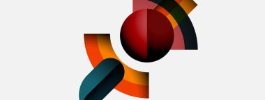 Soyut geometrik şekiller örtüşür, dinamik bileşim yaratır. Renkler arasında kırmızı, turuncu, deniz mavisi, siyah, beyaz yer alıyor. Minimalist tasarım, modern estetik.