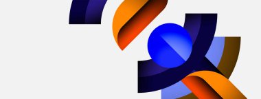 Soyut şekiller örtüşür, dinamik bileşim yaratır. Mavi, turuncu, mor renkler beyaz arkaplana hakim. Modern tasarım elemanları.