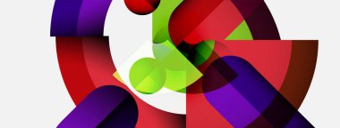 Soyut kompozisyon. Üst üste binen renkli şekiller dinamik görsel efekt yaratır. Beyaz arkaplanlı parlak renkler. Modern tasarım.