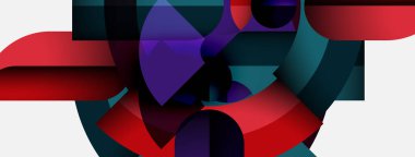 Üst üste binen şekiller, canlı renkler içeren soyut kompozisyon. Kırmızı, mor, deniz mavisi baskın tasarım, dinamik görsel deneyim yaratıyor.