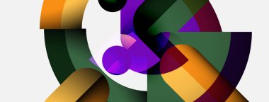 Soyut kompozisyon üst üste binen renkli şekiller içerir. Kıvrımlar, açılar dinamik görsel deneyimler yaratır. Modern tasarım, canlı renkler egemen..