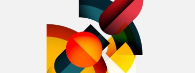 Soyut geometrik şekiller örtüşür, canlı renk zıtlıkları yaratır. Bileşik özellikler eğriler, daireler, dikdörtgenler, dinamik düzenleme.